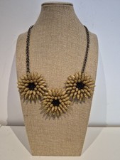 Statement Floral Necklace Triple Flower Pendant Olive Green Yellow Beaded Chain