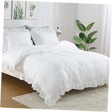 Ruffle Duvet Cover Queen Size, 3PCS Soft Washed Queen 90"x90" White