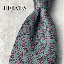 HERMES Necktie All-over green pattern 100% Silk tie made in France M7226