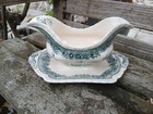 Masons Ironstone Green Transfer Double Sauce Boat attached Underplate Read XMAS