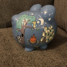Child to Cherish Blue Ceramic Pig Piggy Bank Camping Animal Theme Original