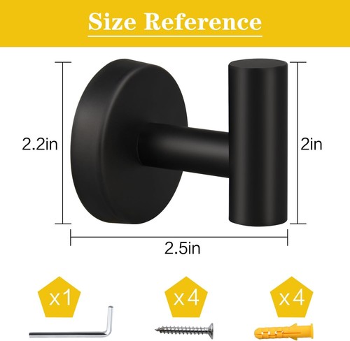 4 Pack Towel Hooks, Robe Hook, Bathroom Coat Hook Wall 4 Matte Black - Picture 6 of 7