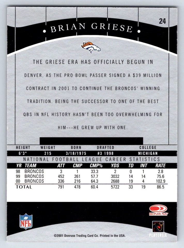2001 Donruss Classics 24 Brian Griese Denver Broncos - Image 2 of 2