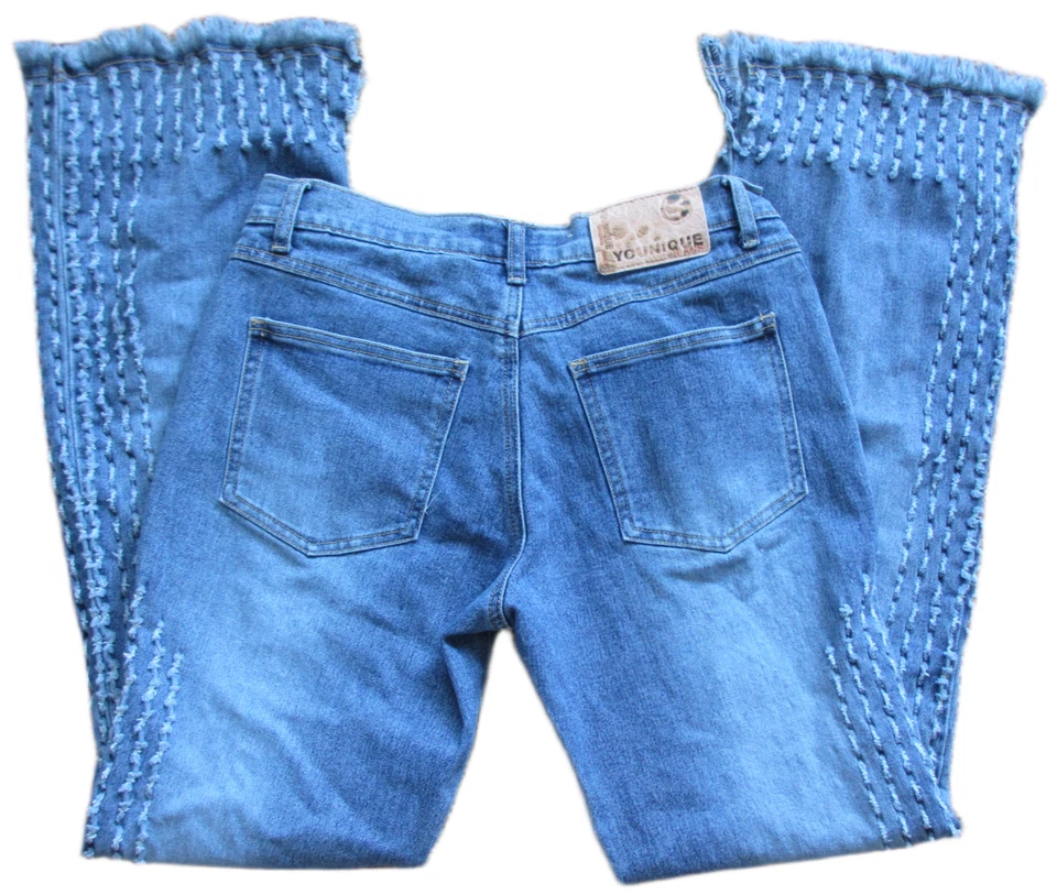 Pantalones de mezclilla Y2K Younique Bootcut para mujer 7 azules elásticos puntada deshilachada desgastados Foto 2 de 4