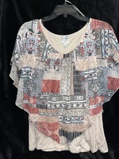 Women's NAÏF Short Sleeve Top Cream Navy Orange Western Pattern Size Large L
