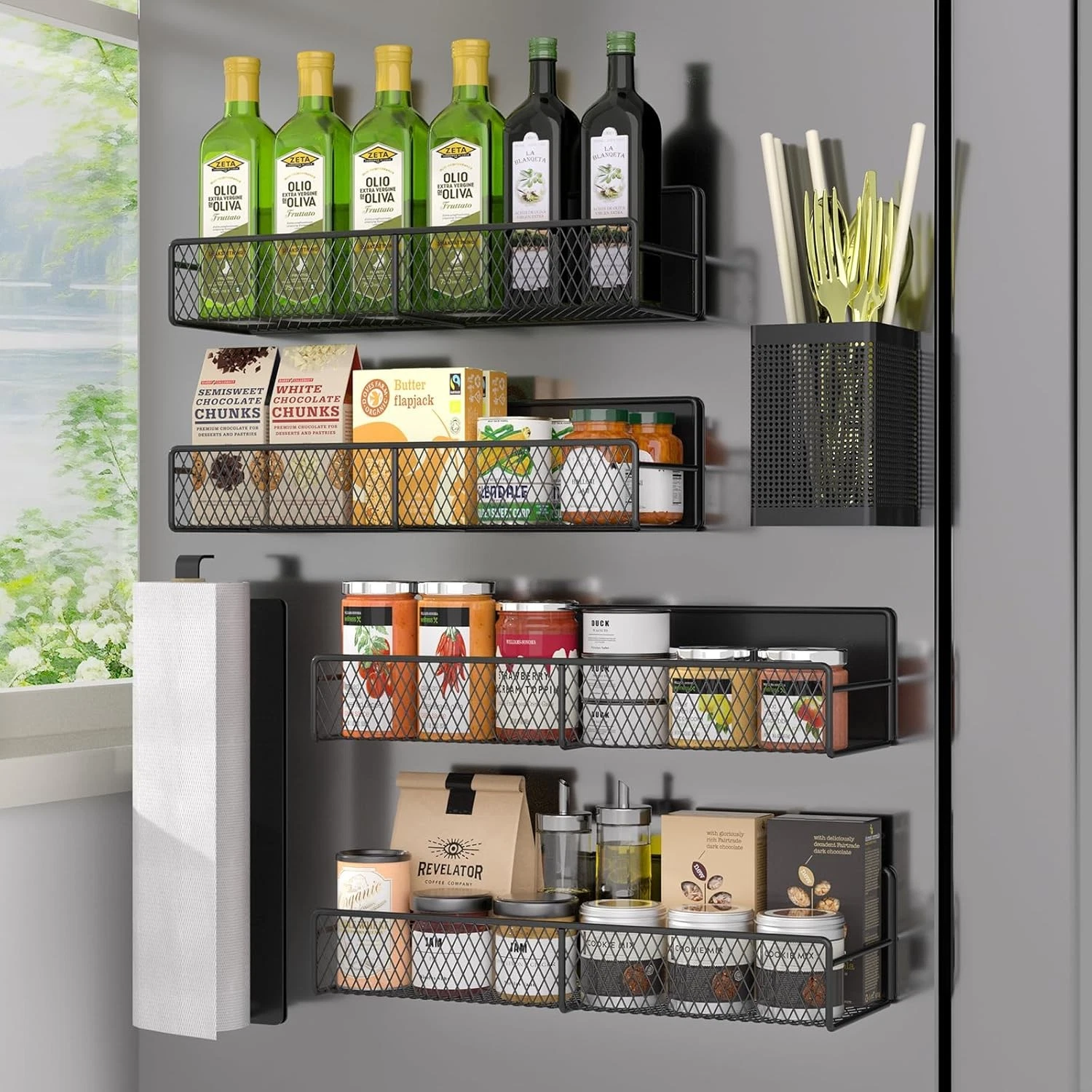 Magnetic Spice Rack Refrigerator 6 Pack 100% Metal Strong Magnet Shelf Black US