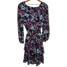 Tahari Dress Size 14 Black Purple Floral Tiered Chiffon Cottagecore Coquette