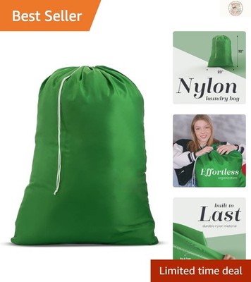 Durable Nylon XL Laundry Bag - Locking Drawstring, Fits Two Loads, Green 22''x32''