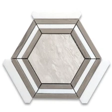 W35EXH Athens Silver Cream Marble 5" Hexagon Strips Georama Geometric Tile