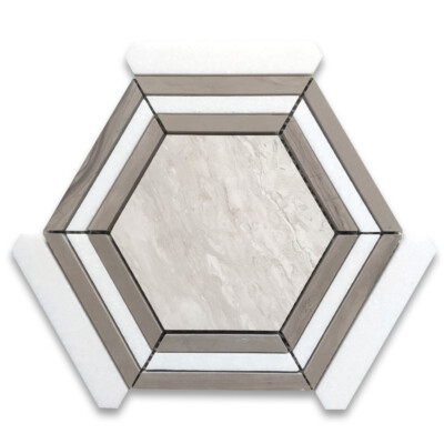 W35EXH Athens Silver Cream Marble 5'' Hexagon Strips Georama Geometric Tile