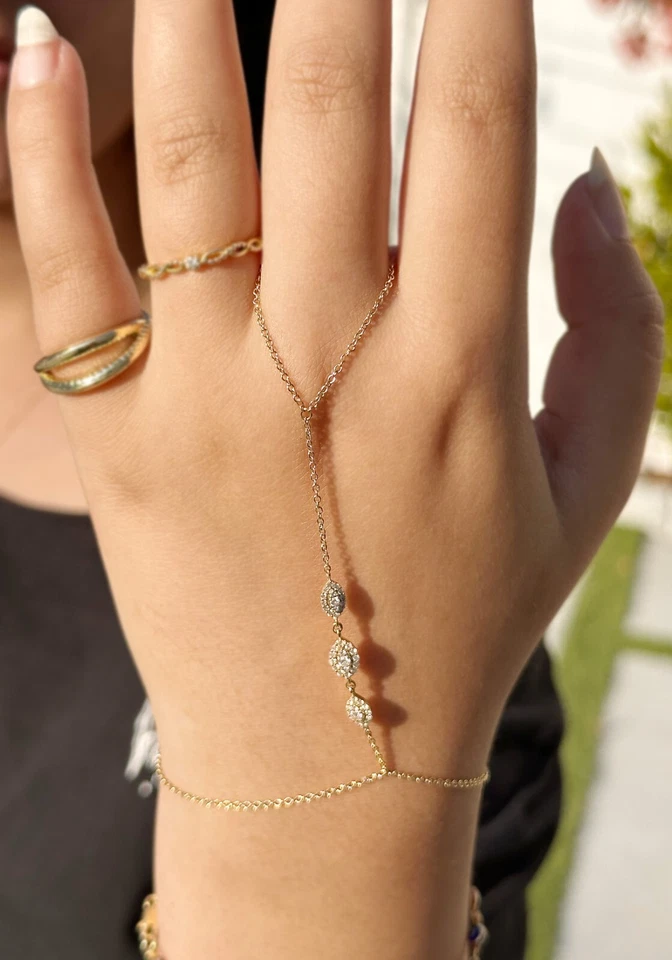 Pulsera Dedo Diamantes Simulados Anillo Pulsera Cadena Oro Amarillo 14K 0.65ctw Foto 2 de 4