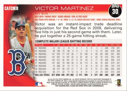 2010 Topps Baseball Victor Martinez Boston Red Sox #30 - Picture 2 of 2