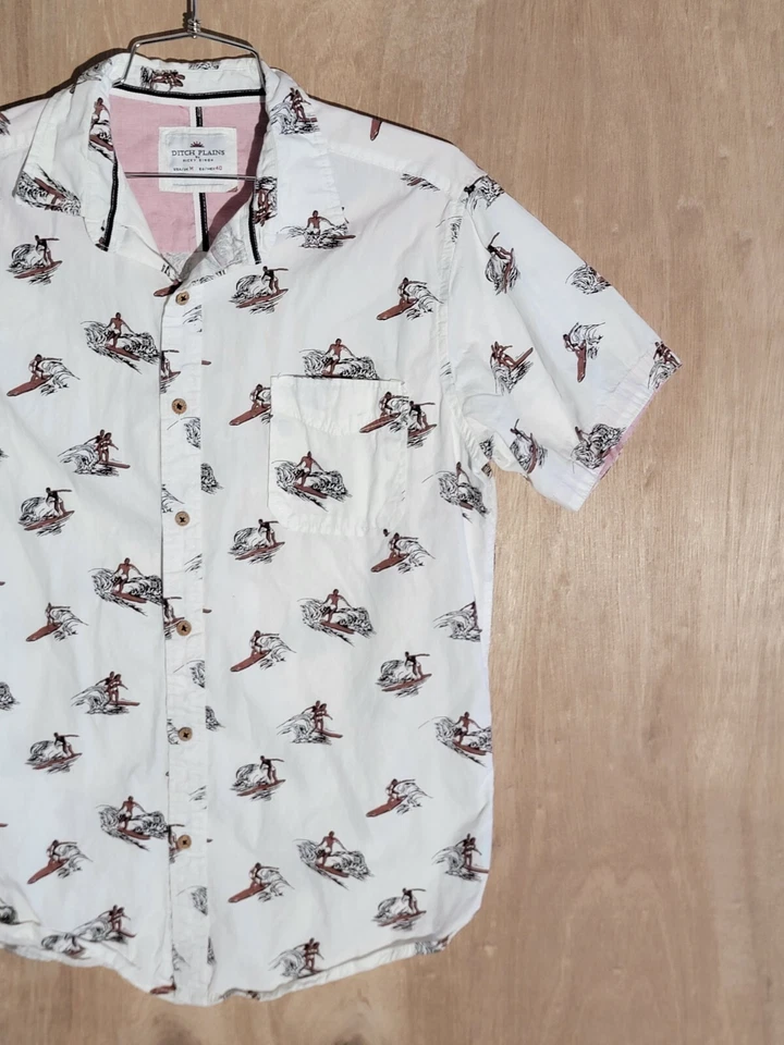ditch plains button up shirt mens M classic fit short sleeve collard surf white - Image 3 of 4