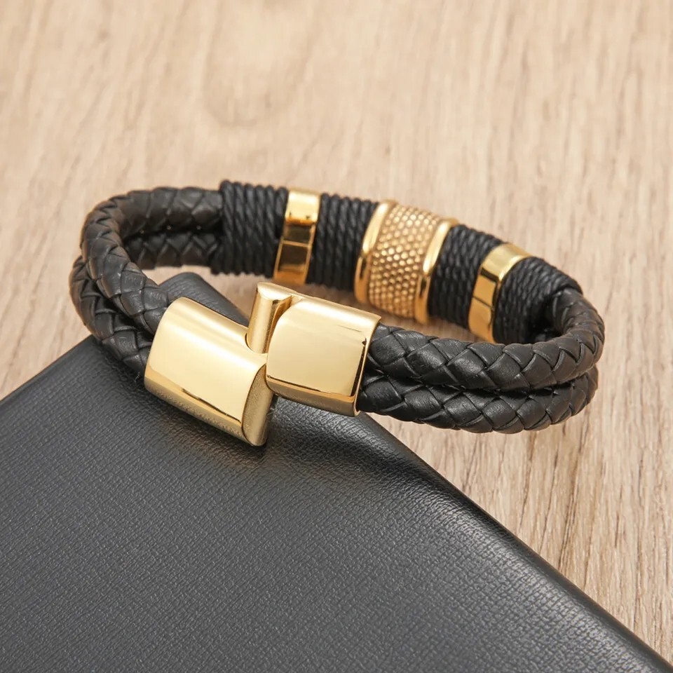 Men's Leather Bracelet Gold Clasp Black bangle. Handmade to