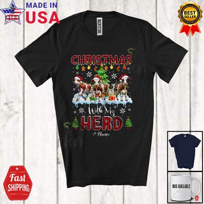 Christmas With My Herd; Fantastic Plaid Three Cow; Custom Name Farmer T-Shirt