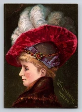 Victorian Trade Card Willimantic Pretty Woman Hat Sewing Thread 3" x 4"