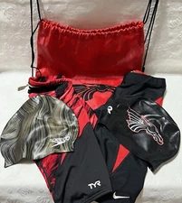 Nike & TYR-Men’s Red/Black Swim Trunks/Jammers-Sz. 28 + 2 Caps + TYR Sackpack