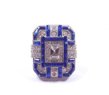 Huge Ring Statement Cocktail  Art Deco Design Blue And Clear Stones