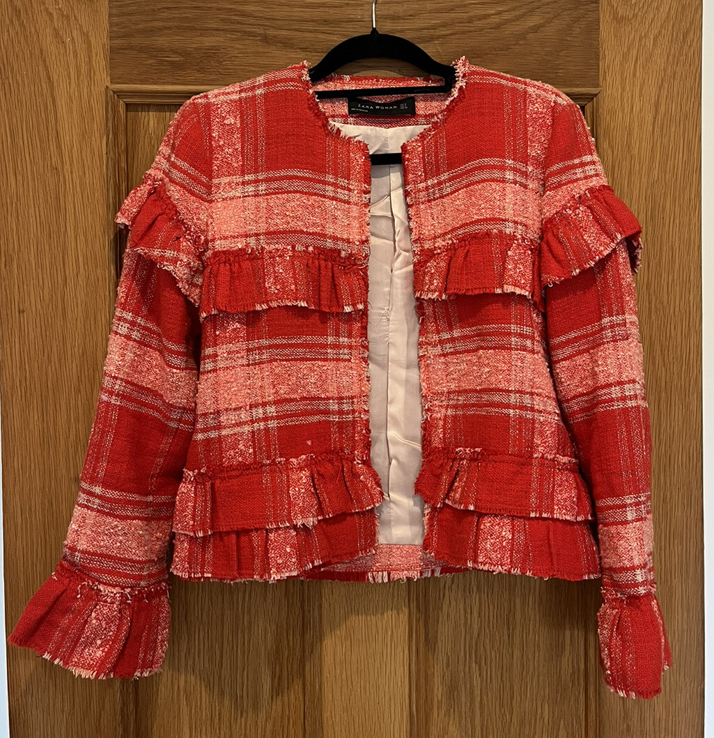 Women’s Zara Red Check Freyed Hem Gingham Blazer Jacket Size S