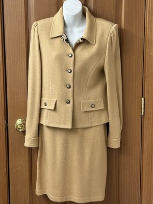 ST JOHN COLLECTION  Marie Gray Blazer Skirt 2-piece Suit Size 4 Beige USA