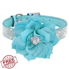 Pimaodog M Blue Suede Bling Rhinestone Dog Collar Leash Set
