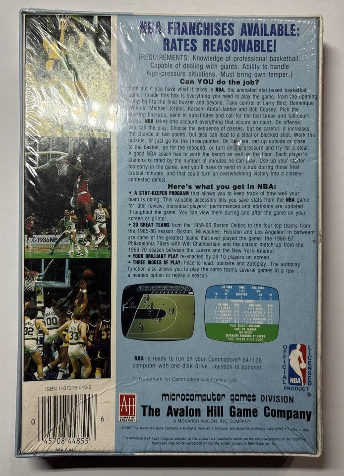 NBA Sealed 1987 Commodore 64/128 Avalon Hill Microcomputer Game. NIB - Image 2 of 4