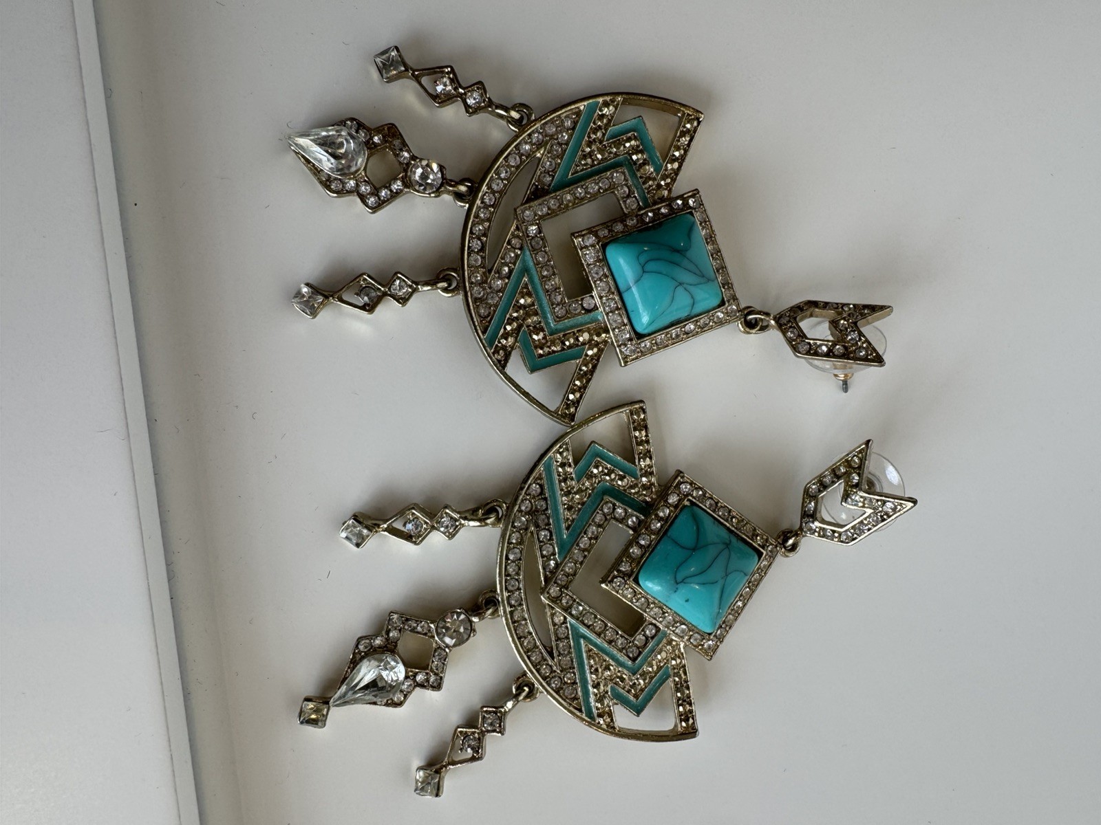 Statement Turquoise & Crystal Drop Earrings, Art … - image 2