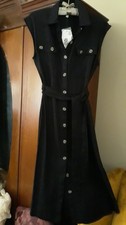 NWT Linen-Rayon S Black Maxi Shirt Dress w/Collar, Pockets, Tie, and Cap Sleeves