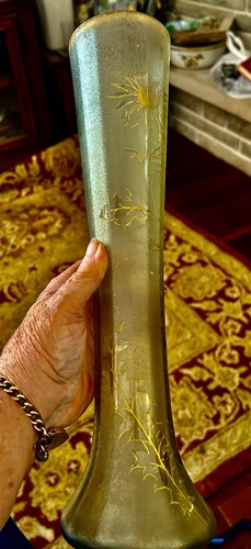 Mont Joye Legras Art Glass Vase Gilded Flowers Etched Background 14” 1864-1914 - Picture 12 of 16
