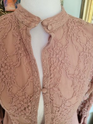 American Eagle Outfitters Pink Lace Crochet Mock Neck Sheer Blouse L Button