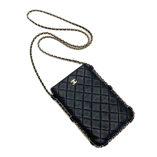 CHANEL COCO Mark Matelasse Chain Shoulder Bag A81174 black Lambskin phone ca...