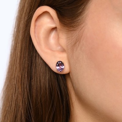10K Gold & Sterling Silver Oval Cut Amethyst Stud Earrings   Handmade Large Gem