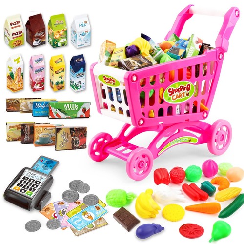 Kids Shopping Cart with Food Shopping Trolley Basket for Toy Shop Kitchen 65 ...