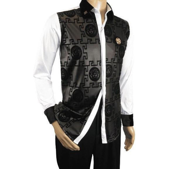 Мужская спортивная рубашка DE-NIKO Medallion Lion design из атласа и хлопка 2023, белая, приталенная