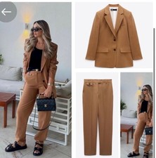 Zara women camel straight cat blazer anblazer and trousers size L Co ord set  
