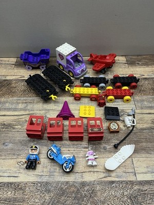 Large Lot of 25+ Lego Duplo Wheeled Vehicles, Trains,Planes, Motorcycles Figures