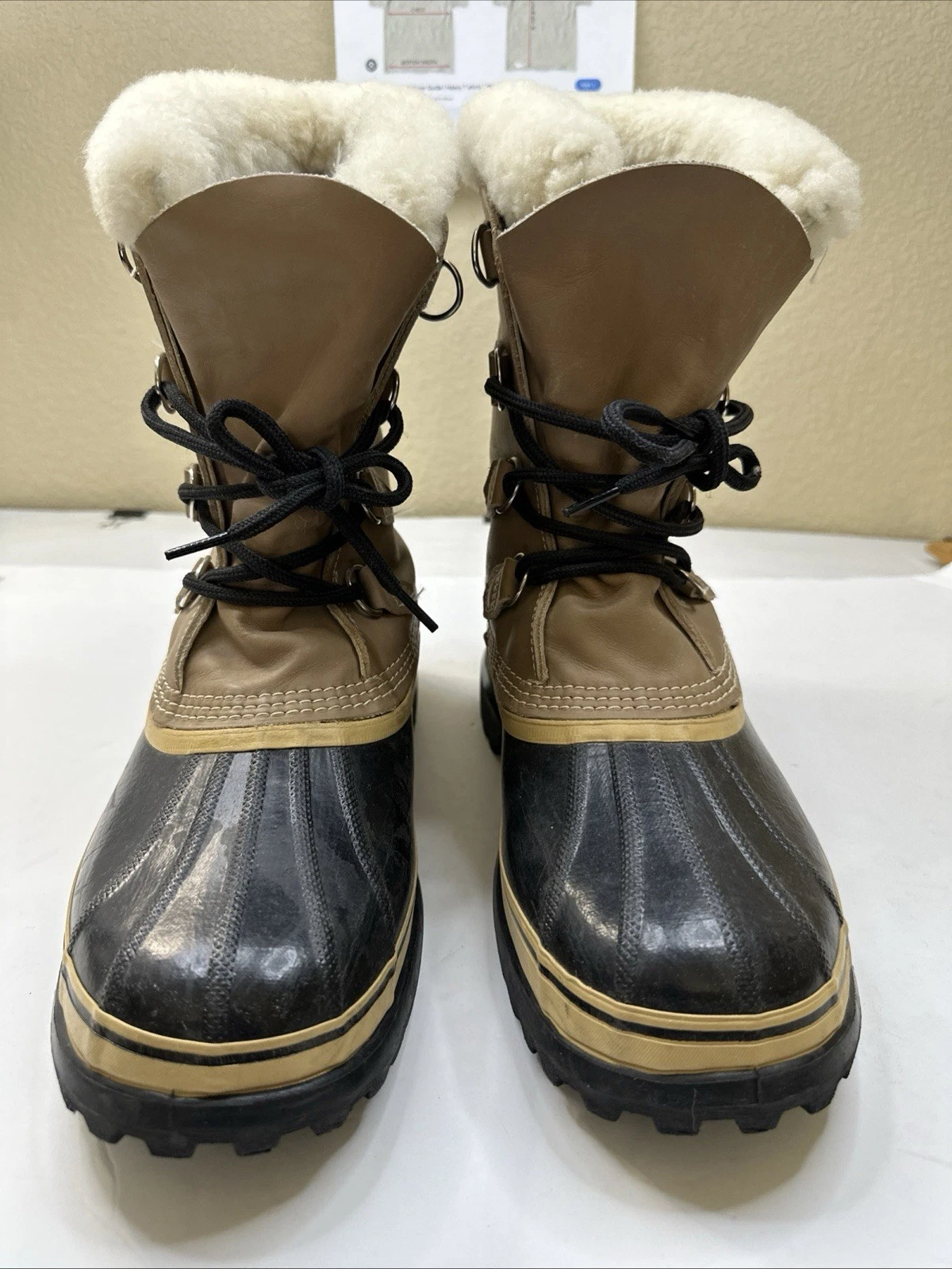 Sorel Caribou Winter Boots Leather Wool Liner Kaufman Made In CANADA Vtg Tan 10