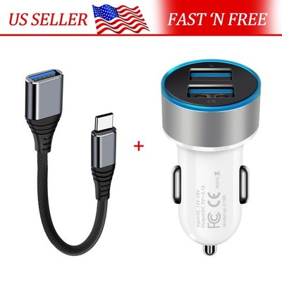 US 20W Dual USB White Car Charger Adapter+ USB-C Female Converter OTG Cable Cord