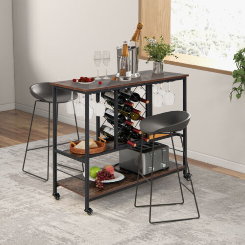 Industrial Liquor Bar Serving Cart Home Bar Cart w/Wine Rack & Wine Glass Holder