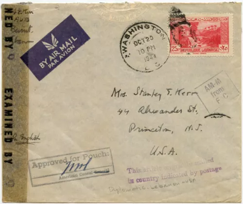 lebanon ww2 via diplomatic pouch to usa 1944 censored airmail image 1