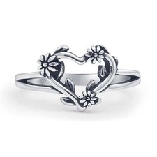 Flower Heart Oxidized Ring 925 Sterling Silver 9.5mm
