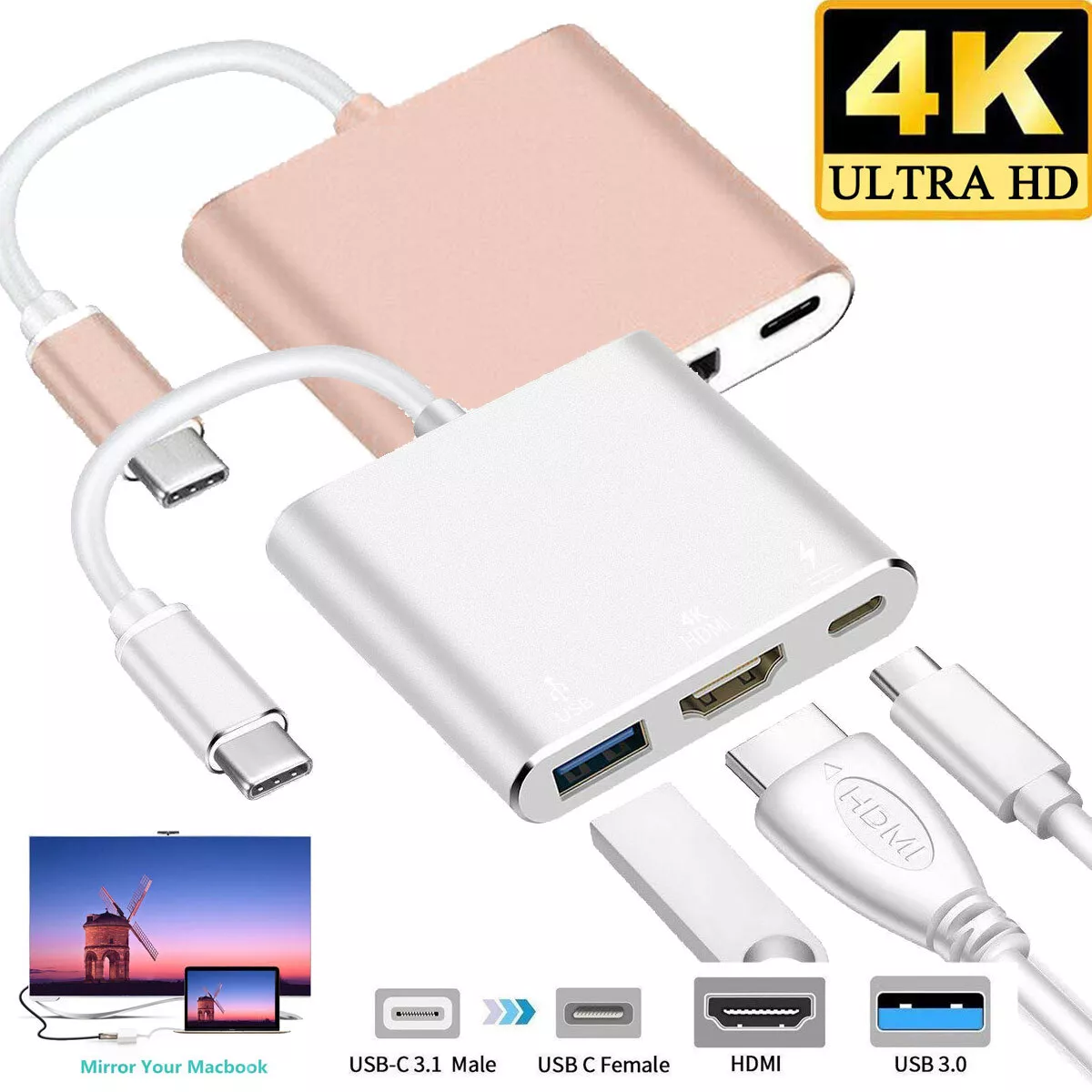 Cable USB tipo C a HDTV compatible con HD-MI, adaptador de TV HD,  convertidor USB 3,1 4K para PC, portátil, MacBook, Huawei Mate 30