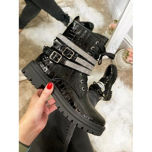 New Womens Chelsea Ankle Boots Chunky Low Heel Croc Diamante Strap