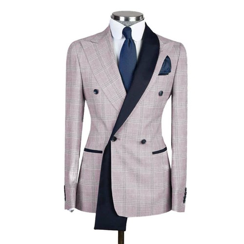Men's Plaid Suits Slim Fit 2Pieces Regular Fit Double Breasted Jacket+Solid Pant - Picture 8 of 25
