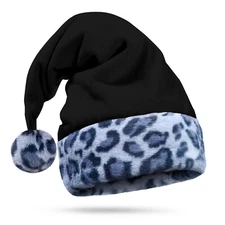 Black Santa Hat - Leopard Print Trim, Blue-Gray Faux Fur - Adult, Spooky Xmas