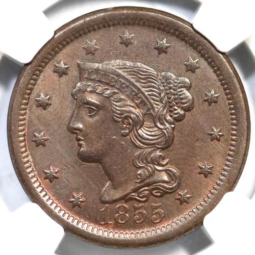 1855 N-4 NGC MS 65 BN Upright 55 Braided Hair Large Cent Coin 1c