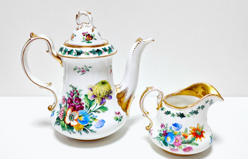 Antik KPM Berlin - Kaffeekanne & Milchkännchen - Blumen.Goldrand Dekor - Bild 2 von 15