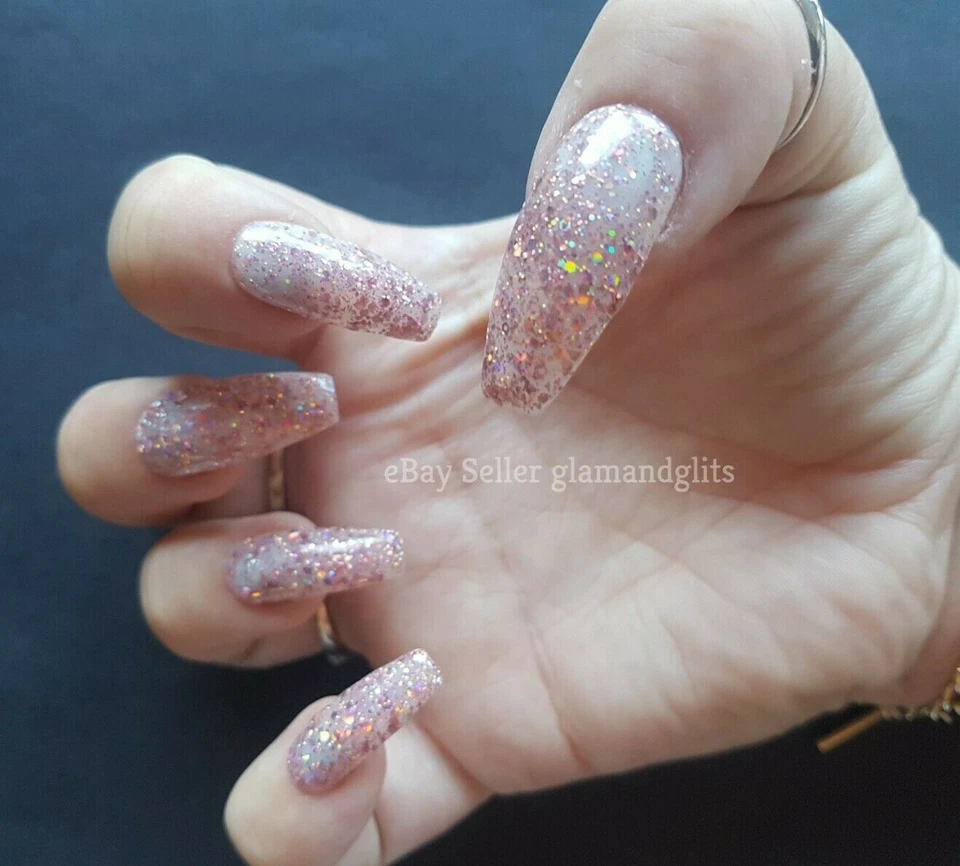 24 Painted Gel Press On False Nails Jelly Pink Glitter Coffin Stiletto Square