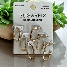 Sugarfix By Baublebar Earrings Oblong Hoops Gold Tone Rhinestones Set of 3