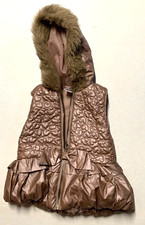 Little Lass Girls Toddler Sz 4 Vest Fur Hooded Tan Coat Zip Up Bow Puffer